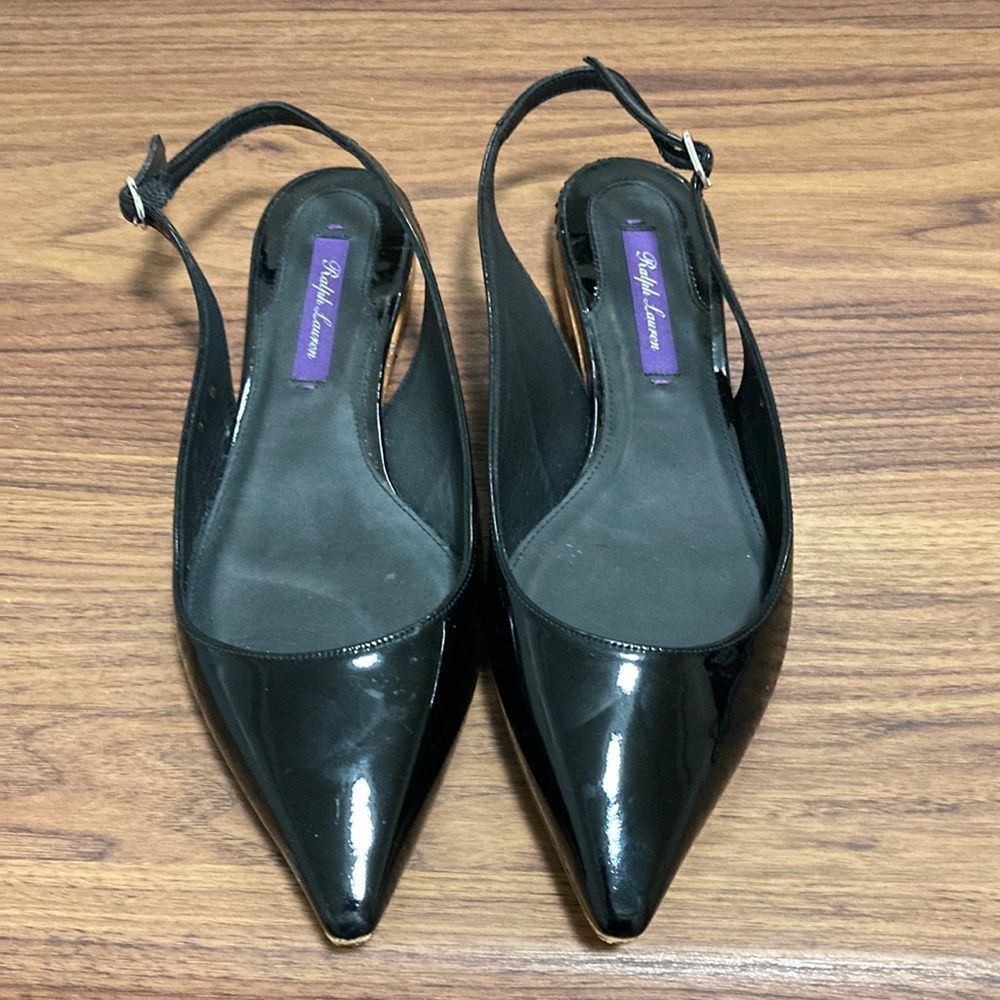 Ralph Lauren Purple Label NWOT Black Patent Leather Slingback Flat. Size 37B.
